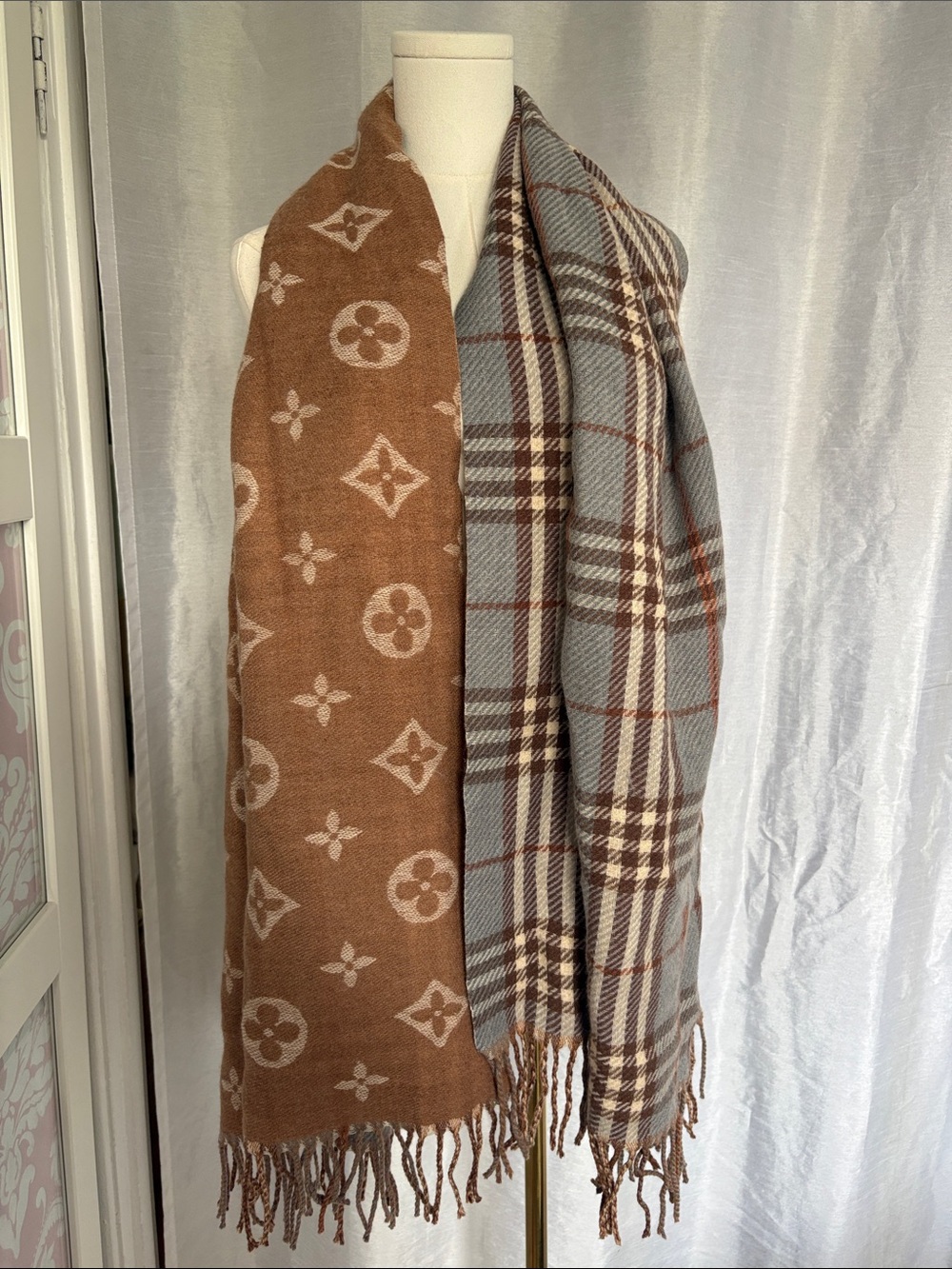 Designer-Inspired Reversible Plaid & Monogram Scarf - Brown & Light Blue